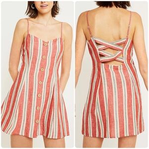 UO Striped Ladder Back Linen Cotton Blend Mini Dress